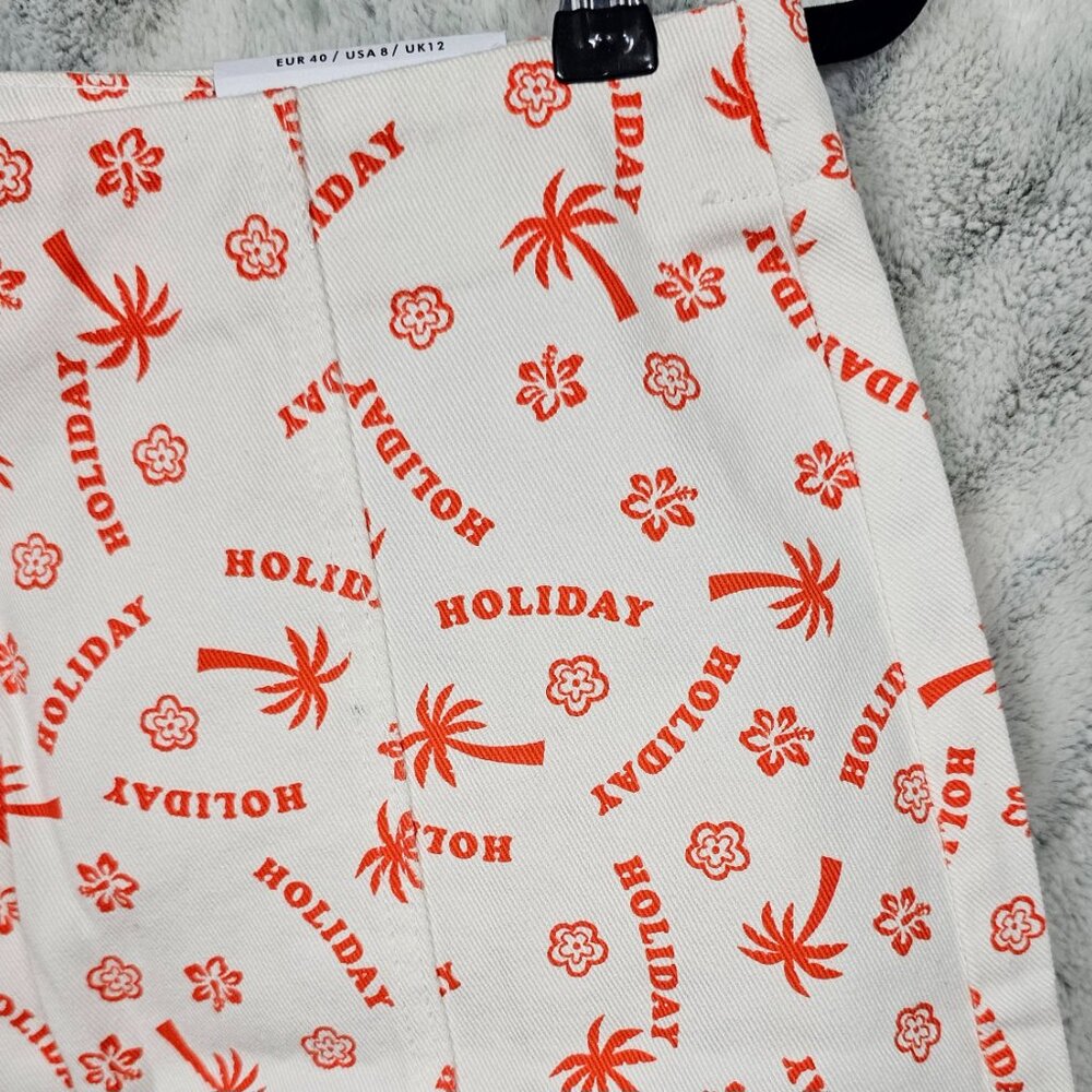 Glamorous Denim US Sz 8 Medium Holiday Print White Denim High Waist Mini Skirt P - Picture 3 of 11